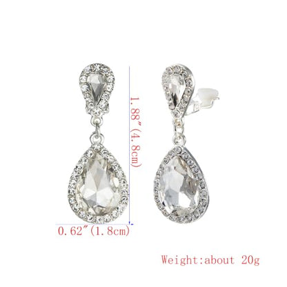 Classic Austrian Crystal Tear Drop Clip on Dangle Earrings for Women - color: White,Silver