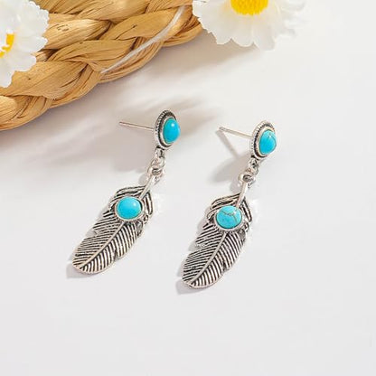 Vintage Silver Turquoise Feather Dangle Earrings for Women, Boho Western Retro Tribal Jewelry, Unique Gift for Bohemian Fashion Lovers