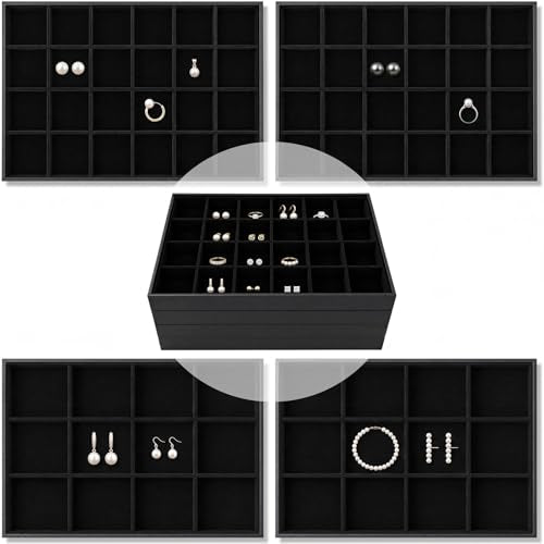 Unittype Set of 4 Stackable Jewelry Organizer Tray for Drawer Inserts Velvet Necklace Earring Bracelet Ring Holder Jewelry Display Storage Box for Bangle Stud Necklace Ring(24+12 Grid,Black) - color: Black, style: 24+12 Grid