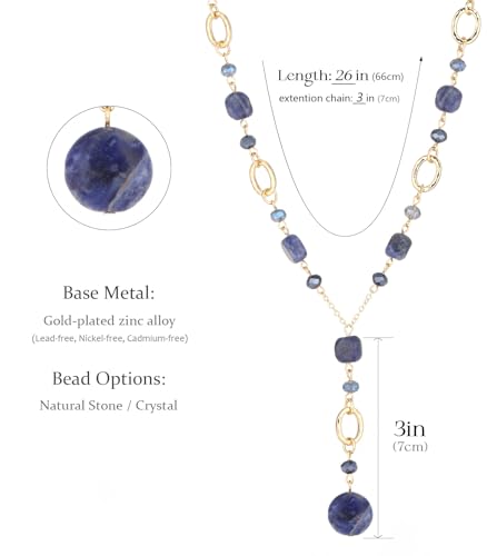 FULU AUTUMN Long Gold Beaded Necklaces for Women Natural Stone Bead Statement Pendant Necklace Y Sweater Chain Fashion Jewelry Gifts - color: Blue