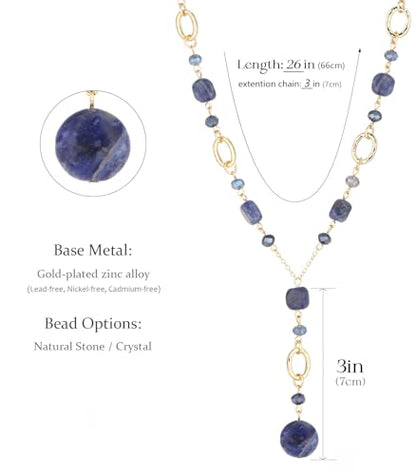 FULU AUTUMN Long Gold Beaded Necklaces for Women Natural Stone Bead Statement Pendant Necklace Y Sweater Chain Fashion Jewelry Gifts - color: Blue