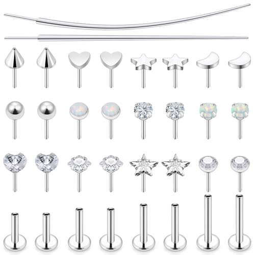 20/18/16G Threadless Nose Rings Flat Back Stud Earrings Piercing Jewelry for Women Men 6/7/8mm Push In Bar Cartilage Tragus Lip Medusa Monroe Labret Stud Hypoallergenic Surgical Steel - size: 16g*6/7/8/10mm