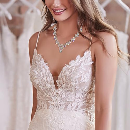 Women's Wedding Jewelry Set Leaf Flower for Bridal Prom Party | Stunning Crystal Teardrop Marquise Cluster Pendant Necklace Dangle Earrings Set for Bride Bridesmaid - color: Iridescent AB Silver-Tone