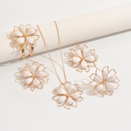 Gold Flower Jewelry Set For Women, 5 Pcs Chunky Golden Floral Pendant Necklace Bracelet Earrings Ring Set Statement Flower Jewelry Gifts For Beach Wedding - color: 5pcs-White