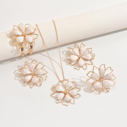 Gold Flower Jewelry Set For Women, 5 Pcs Chunky Golden Floral Pendant Necklace Bracelet Earrings Ring Set Statement Flower Jewelry Gifts For Beach Wedding - color: 5pcs-White