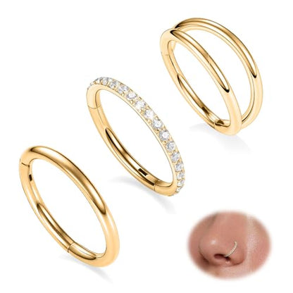 GAGABODY 2 Pcs Nose Rings 22G 20G 18G 16G 14G 12G 10G 8G Surgical Steel Piercing Rings for Nose Septum Cartilage Helix Tragus Conch Rook Daith Lobe from 5mm to 16mm Seamless Hoop Unisex Hinged Earrings - color: Gold-Single&Double&CZ Hoop