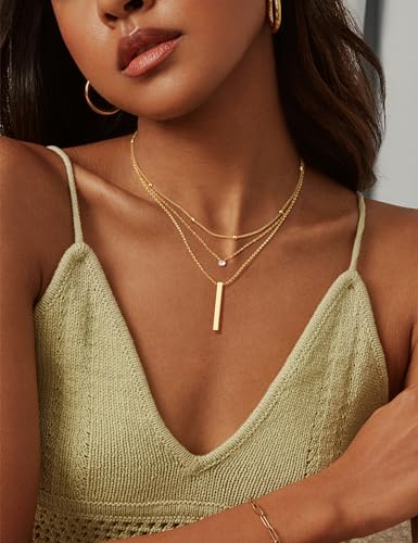 14K Gold Silver Plated Layered Necklaces for Women Trendy | Necklaces for Women Trendy, Stackable Dainty Chain Necklace, Beach Cute Fashion Pendant Choker Necklace, Jewelry Set Gifts - color: 3PCS / Satellite & CZ & Bar