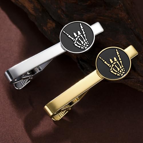 Dreamtimes Rock Skull Hand Tie Clip Halloween Shirt Tie Clips Figurine Sign Language Tie Clip Rock On Hand Gesture Stainless Steel Novelty Tie Accessory for Men - style: Style 2-G