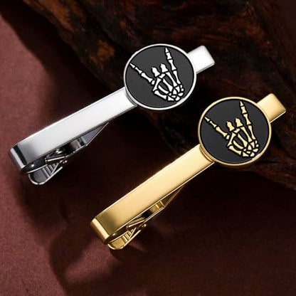 Dreamtimes Rock Skull Hand Tie Clip Halloween Shirt Tie Clips Figurine Sign Language Tie Clip Rock On Hand Gesture Stainless Steel Novelty Tie Accessory for Men - style: Style 2-G
