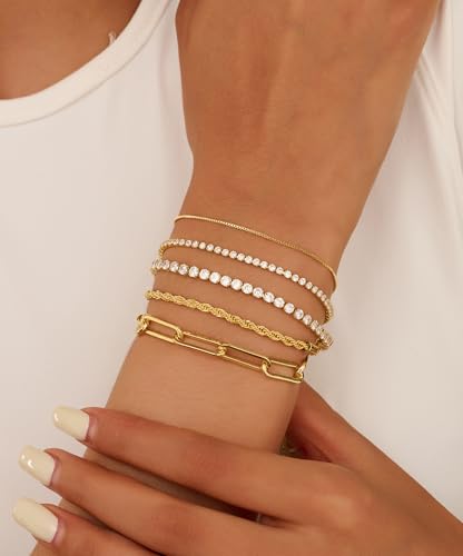Gold Bracelets for Women 14K Gold Plated Stack Trend Bracelets Charm Paperclip Chain Cuban Link Layered Waterproof Bracelet Dainty Bracelet for Women Jewelry Gifts - color: Gold 5Pcs