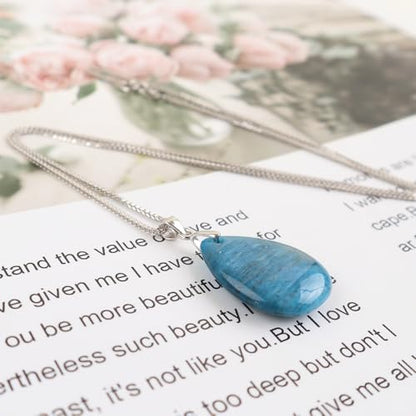 iSTONE 925 Sterling Silver Natural Crytral for Womens Pendant Necklace, Gemstone Birthstone with 17.8" Silver Chain Ladies - color: Apatite
