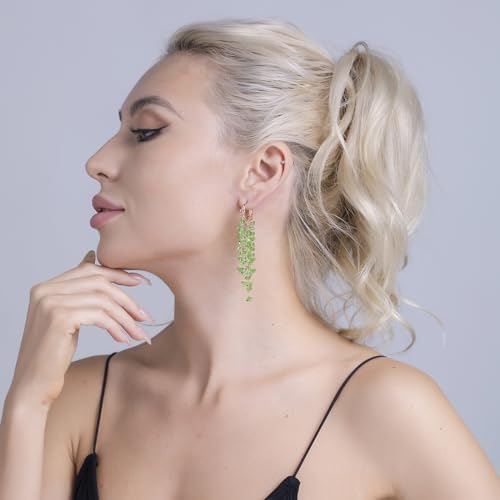 Fringe Hoop Dangle Earrings, Long Beads Tassel Chain Earrings for Women Sparkly Chandelier Earrings - color: Green