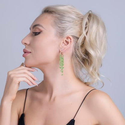 Fringe Hoop Dangle Earrings, Long Beads Tassel Chain Earrings for Women Sparkly Chandelier Earrings - color: Green