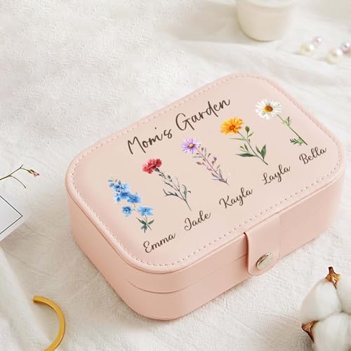 Personalized Jewelry Box Gifts for Women Custom Travel Jewelry Case Organization Leather Customized Birthday Anniversary Bridesmaid Gifts - color: 007-Pink/White-Flower