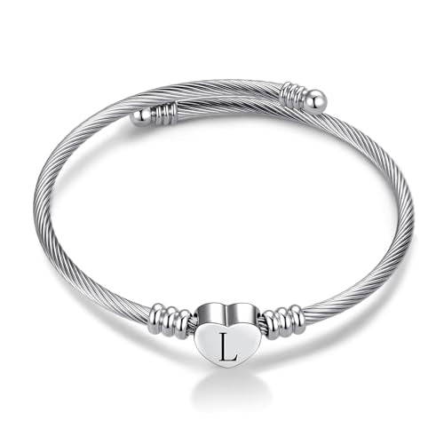 Women Initial Heart A-Z Letter Cuff Bracelet Personalized Name Expandable Wristband Bangle Bracelets Stainless Steel Birthday Jewelry - style: L