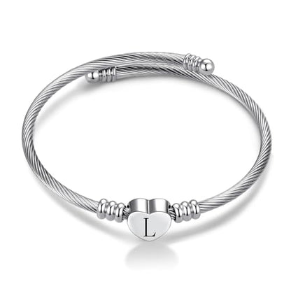 Women Initial Heart A-Z Letter Cuff Bracelet Personalized Name Expandable Wristband Bangle Bracelets Stainless Steel Birthday Jewelry - style: L