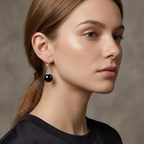 Pearl Leverback Earrings for Women Dangle Round Gemstone Earrings Birthstone Jewelry Gift Anniversary for Her - color: 18 Black agate