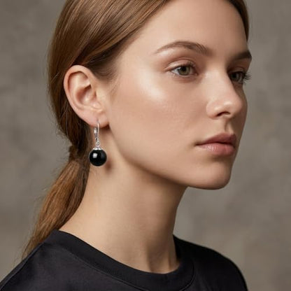 Pearl Leverback Earrings for Women Dangle Round Gemstone Earrings Birthstone Jewelry Gift Anniversary for Her - color: 18 Black agate