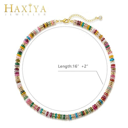 HAXIYA Colorful Beades Gemstone Necklace for Women Boho Beaded Choker | Rainbow Natural Stone Chunky Bead Surfer Summer Beach Necklaces Jewelry Hypoallergenic - color: Raibow+Gold