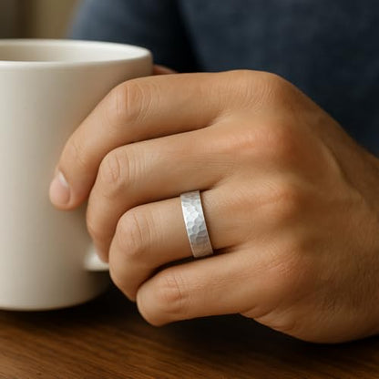 925 Sterling Silver Wedding Ring Hammered Flat Pipe Cut Textured Thick & Durable Handmade Unisex Mens & Women Rustic Engagement Promise Band - US Size 4-13 - Custom Engraving - color: 01 - 6mm Silver