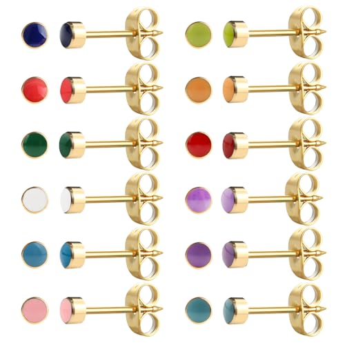 12 Pairs Ear Piercing Stud Earrings for Ear Piercing Guns, Surgical Stainless Steel Multicolor Round Heart Star Cubic Zirconia Birthstone Stud Earrings Set - style: Gold enamel 4mm
