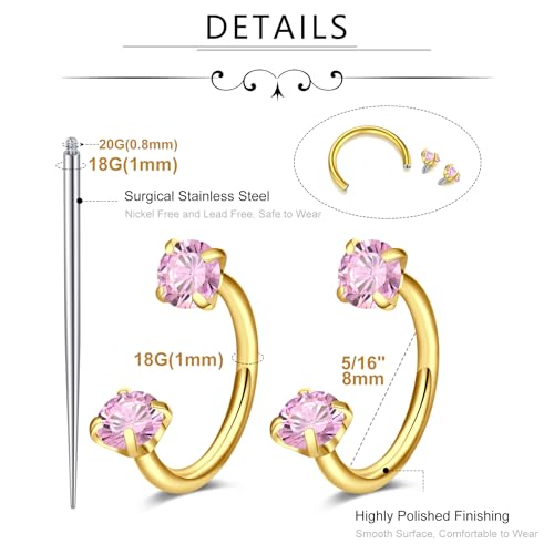 MODRSA Silver Gold Horseshoe Nose Ring 18g Double Gem Horse Shoe Nose Ring Hoop for Women Surgical Steel Half Hoop U Shape Tragus Earring Hoops Labret Lip Helix Piercing Jewelry Septum Rings 18 Gauge - color: C2- 18g Pink zircon -gold 2pcs