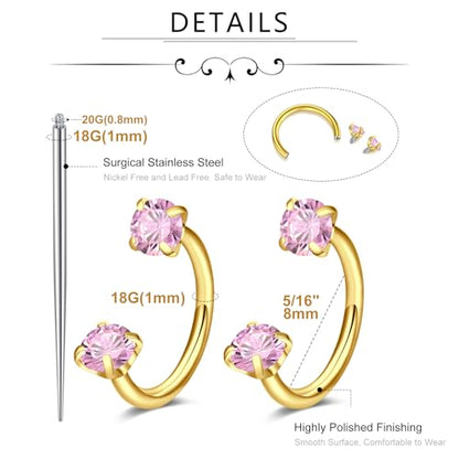 MODRSA Silver Gold Horseshoe Nose Ring 18g Double Gem Horse Shoe Nose Ring Hoop for Women Surgical Steel Half Hoop U Shape Tragus Earring Hoops Labret Lip Helix Piercing Jewelry Septum Rings 18 Gauge - color: C2- 18g Pink zircon -gold 2pcs