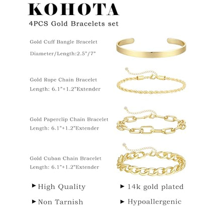 KOHOTA Chunky Gold Bracelets for Women Non Tarnish 14K Gold Plated Cuff Bracelet Stack Trendy Love Bangle Bracelets Stackable Tennis Bracelet Set Tie Knot Cuban Paperclip Figaro Chain Jewelry Gifts - color: A.Cuban bracelet