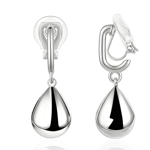 FAN&LOUIS Gold Sliver Teardrop Clip On Earrings for Women，Non-Pierced Trendy Statement Dangle Water Drop Women's Hypoallergenic Clip-On Earrings - style: Silver