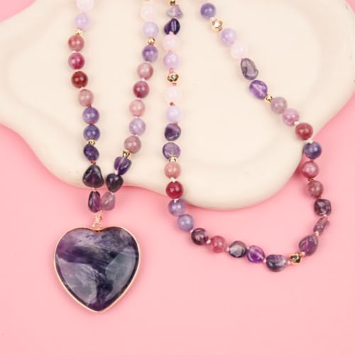 Long Necklaces for Women Boho, Oval Waterdrop Turquoise Pendant, Natural Stone Beaded, Handmade,Vintage & Elegance, Boho Fashion Charm Beaded Necklace for Women - style: P-Amethyst Heart Pendant