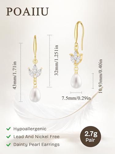 Pearl Drop Earrings 14K Gold Plated Dainty Bridesmaid Jewelry Gift - color: white