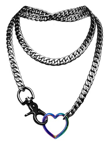 paloli Women's Slip Chain Rainbow Heart O-Ring Chunky Chain Necklace, Rays Cuban Long Layered Jewelry, Adjustable Lariat Y-Necklace Heart Loop Choker - color: D-Heart-Black-Rainbow