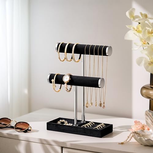bussdis 2 Tier Bracelet Holder Display, Necklace Holder Organizer, BK/SL | Velvet Necklace Holder | Jewelry Tree | Jewelry Towers | Jewelry Stand Organizer for Necklaces, Bracelets, Earrings, Rings - color: Black and Silver