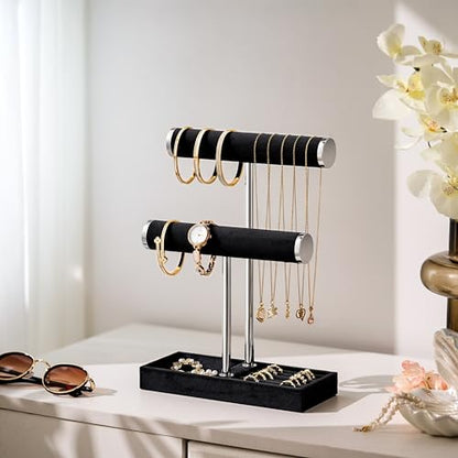 bussdis 2 Tier Bracelet Holder Display, Necklace Holder Organizer, BK/SL | Velvet Necklace Holder | Jewelry Tree | Jewelry Towers | Jewelry Stand Organizer for Necklaces, Bracelets, Earrings, Rings - color: Black and Silver