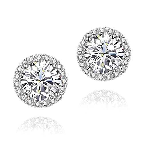YOMELA Round Cubic Zirconia Stud Earrings for Women | Everyday Dainty, Diamond-Like Brilliance, CZ Halo Birthstone Studs, Hypoallergenic & Lightweight, Elegant & Versatile - color: White