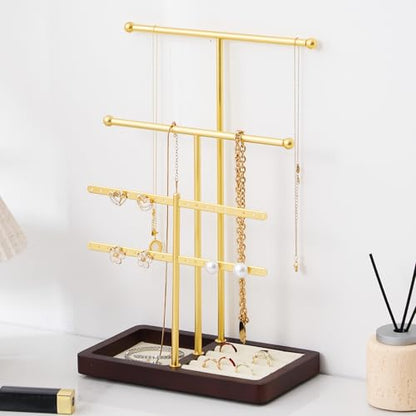 modern T-shaped jewelry rack, jewelry tower, gold metal, square ceramic base decoration display tower, necklace, bracelet, ring storage rack (3-layer wooden pallet black) - style: 3-layer wooden pallet black