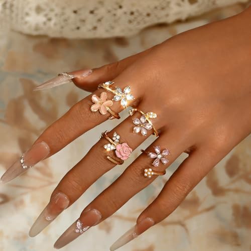 Flower Rings for Women Gold Adjustable Rings Set, Pink Enamel Rose Daisy Stackable Rings with Cubic Zirconia, Dainty Floral Knuckle Rings Jewelry for Party Wedding Gifts - color: Gold-01