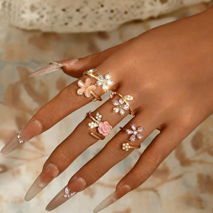 Flower Rings for Women Gold Adjustable Rings Set, Pink Enamel Rose Daisy Stackable Rings with Cubic Zirconia, Dainty Floral Knuckle Rings Jewelry for Party Wedding Gifts - color: Gold-01
