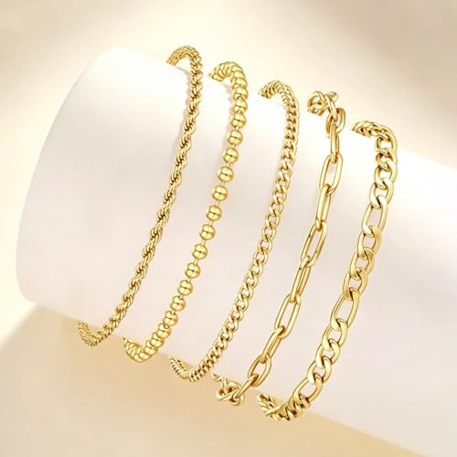 Gold Bracelet for Women Waterproof, 14K Gold Plated Stackable Link Bracelet Set Adjustable Paperclip Chain Cuban Rope Layered Jewelry Sets for Womens Mom Mother's Day Fashion Accessories