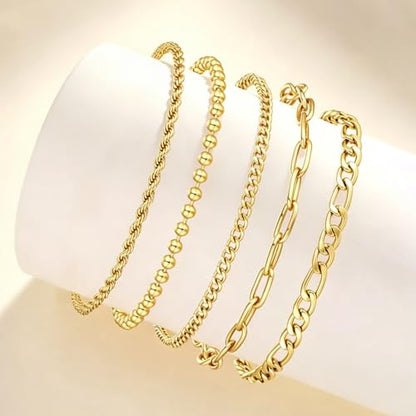 Gold Bracelet for Women Waterproof, 14K Gold Plated Stackable Link Bracelet Set Adjustable Paperclip Chain Cuban Rope Layered Jewelry Sets for Womens Mom Mother's Day Fashion Accessories