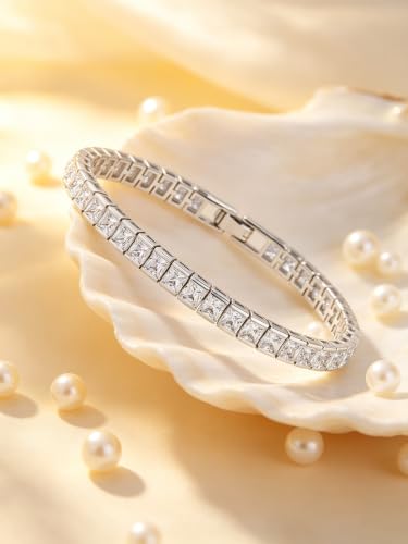 5A Cubic Zirconia Tennis Bracelet for Women, Rhodium/Yellow Gold Plated Hypoallergenic, Birthday Wedding Anniversary Jewelry - color: Princess Cut - White Gold