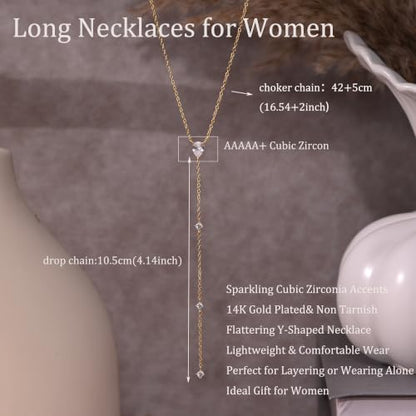 Long Necklaces for Women, Cute 14K Gold Plated CZ Drop Necklace | Dainty Gold Necklace, Simple CZ Teardrop Clover Y Shaped Lariat Necklace,Statement Non Tarnish Necklace, Trendy Gold Jewelry - color: Gold-Drop 1
