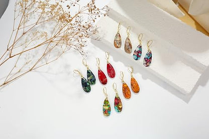 Natural Healing Teardrop Stone Leverback Dangle Drop Earrings Statement Gold earrings - color: Blue -Gold