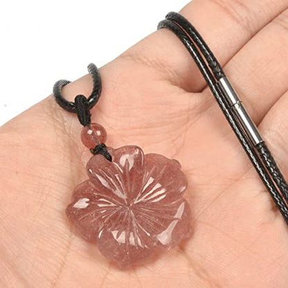 Justinstones Hand Carved Healing Crystals Gemstone Hawaii Flower Pendant Hand Weaving Wax Rope Necklace 22 inch - color: Strawberry Quartz