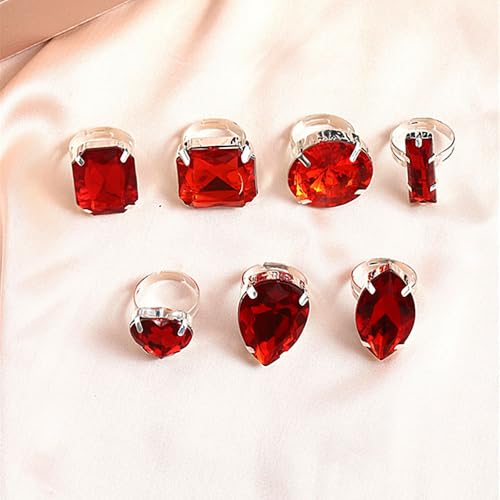 Chunky 7Pcs Silver Crystal Knuckle Rings Set Geometric Rhinestone Waterdrop Open Rings Stackable CZ Circle Square Finger Rings Jewelry Set for Women - color: Red