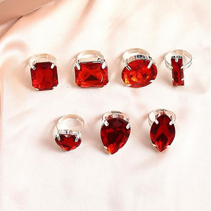 Chunky 7Pcs Silver Crystal Knuckle Rings Set Geometric Rhinestone Waterdrop Open Rings Stackable CZ Circle Square Finger Rings Jewelry Set for Women - color: Red