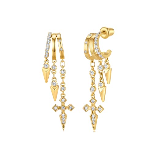Cicy Bell Gold Earrings For Women 18k Gold Plated Triple Dangle Earrings | Hypoallergenic Drop Huggie Earrings Small Hoop Statement Chain Tassel Earrings Trendy Jewelry Gifts - color: Style B-Gold