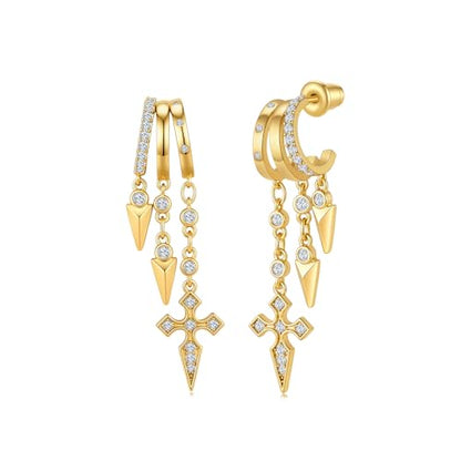 Cicy Bell Gold Earrings For Women 18k Gold Plated Triple Dangle Earrings | Hypoallergenic Drop Huggie Earrings Small Hoop Statement Chain Tassel Earrings Trendy Jewelry Gifts - color: Style B-Gold