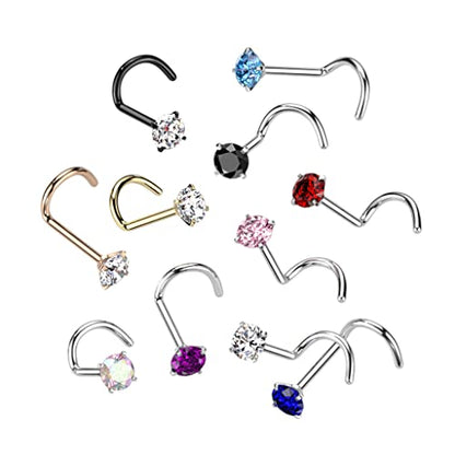 Satix 4-11PCS 18G 20G Implant Grade Titanium Nose Screw Rings Prong Settings 2mm CZ Nose Screw Studs Ring Nostril Piercing Jewelry For Women - style: 18 Gauge - 11PCS