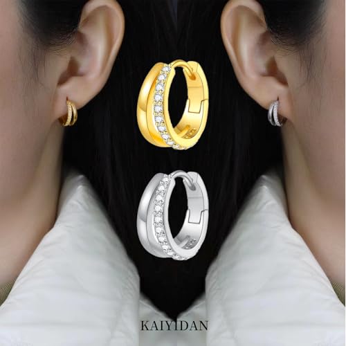 2 Pairs Gold/Silver Hoop Earrings For Women Set Trendy,14K Plated Gold Chunky Huggie Hoop Earings Pack,Oval Twisted Statement Silver Hoops,Fashion Jewelry Gift - color: B4 double loops CZ hoops set
